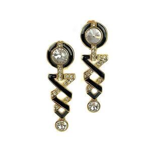 F1980s BIJOUX NY Gold Plate White Rhinestone Black Enamel Drop Clip Earrings